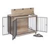 Furniture Style Dog Crate Side Table With Rotatable Feeding Bowl, Wheels, Three Doors, Flip-Up Top Opening. Indoor, Grey, 43.7"W x 30"D x 33.7"H